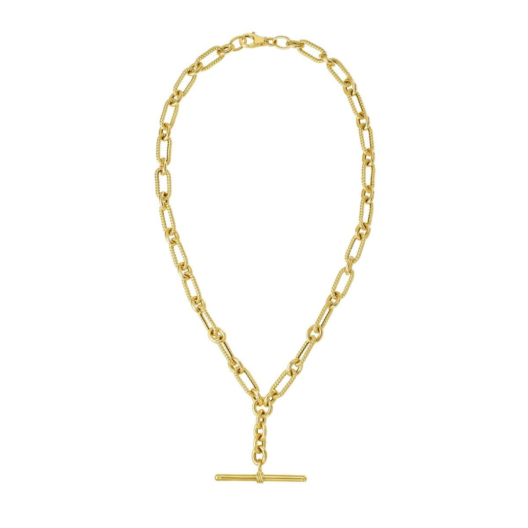14K Yellow Gold Y Necklace with T-Bar, front view