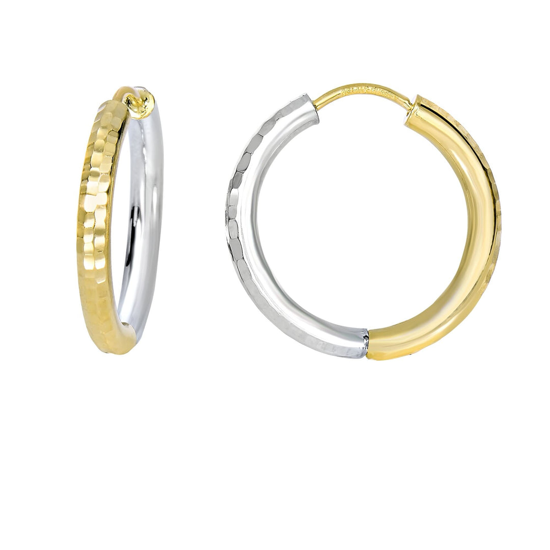 14K Yellow & White Gold Diamond Cut Hoop Earring, front view
