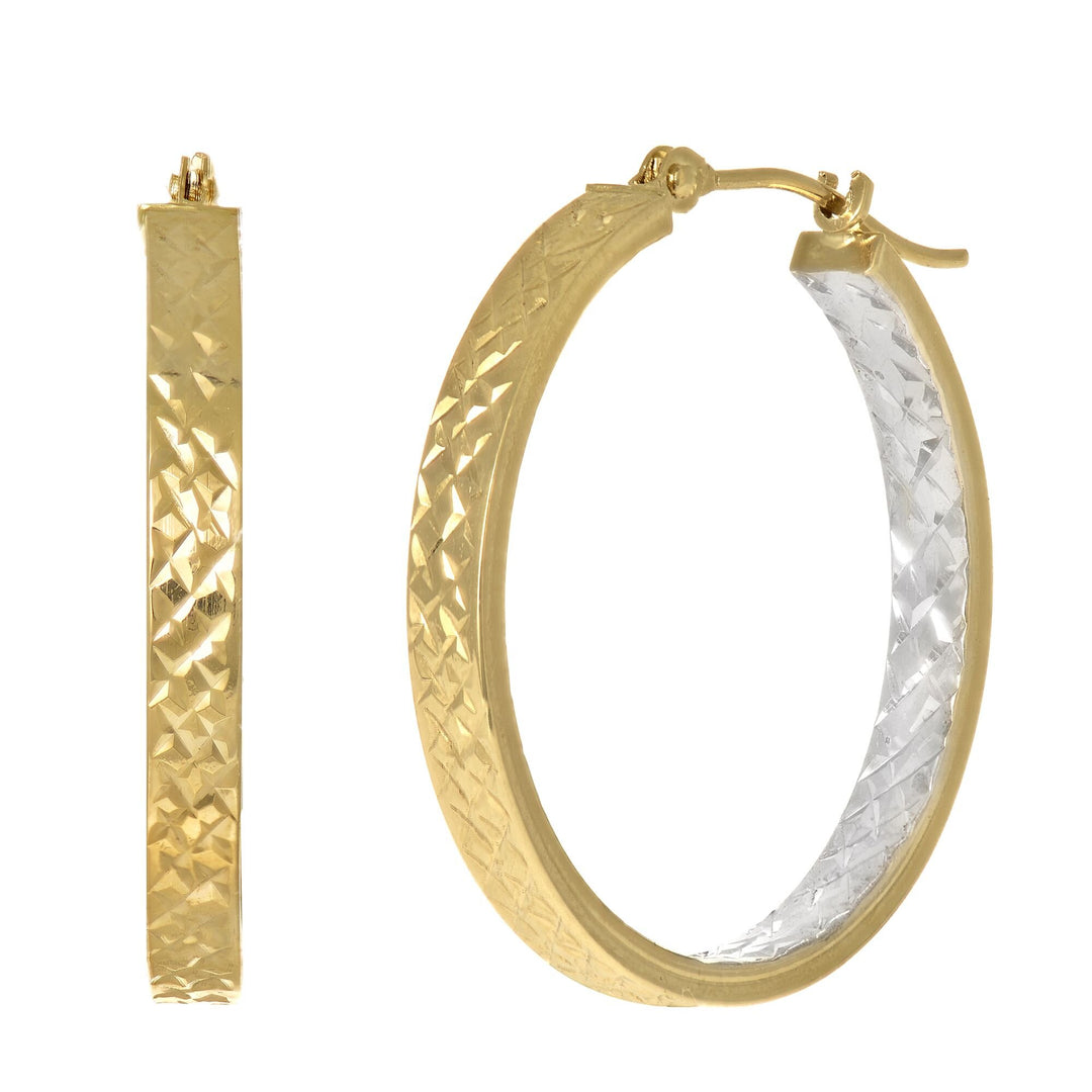 14K Yellow & White Gold Diamond Cut Hoop Earring, front view