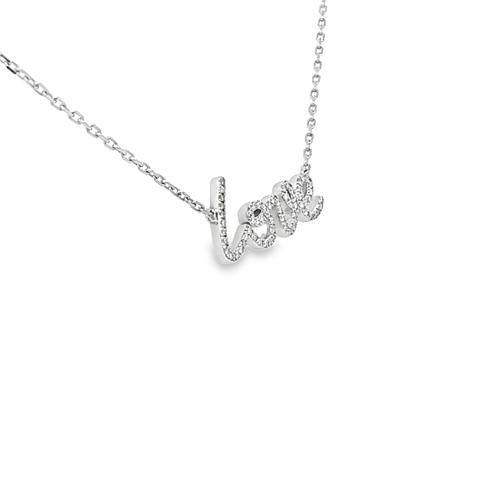 script "love" necklace in 14 karat white gold, set with natural diamonds