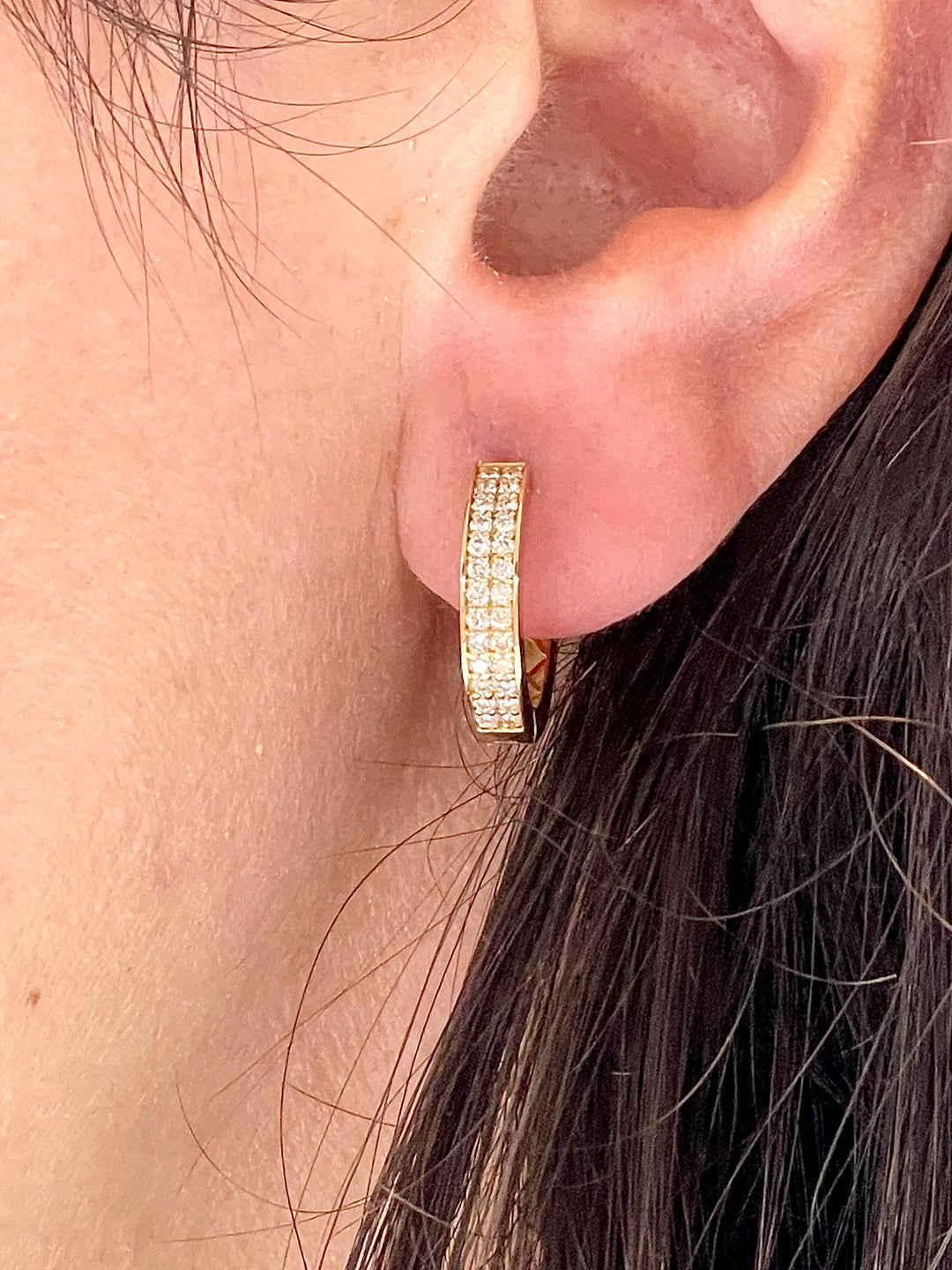 double row diamond huggie earrings in yellow gold