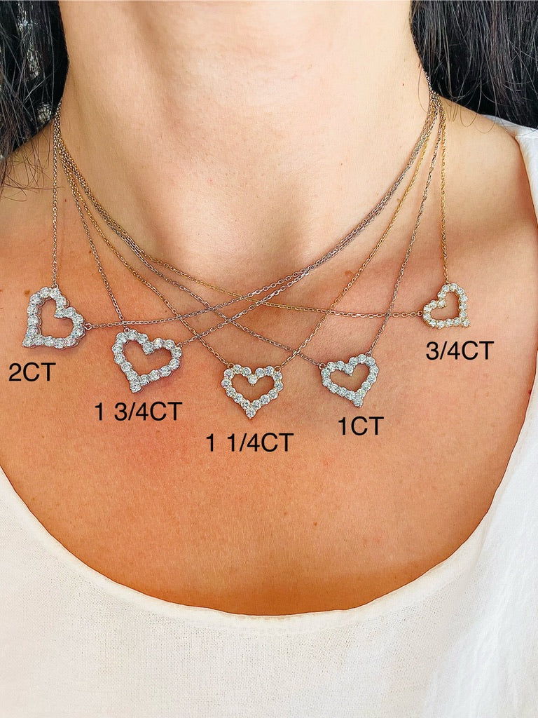 Open Heart Diamond Necklaces by size on a neck