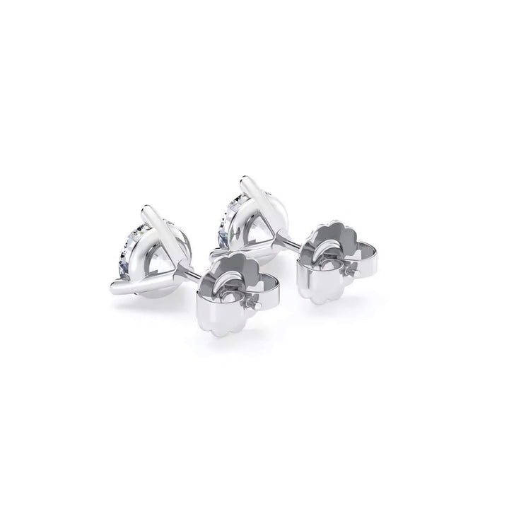 Lab-grown diamond martini (3-prong) stud earrings, 1.50 ctw, 14K white gold, push backs (friction) with friction posts, back view.