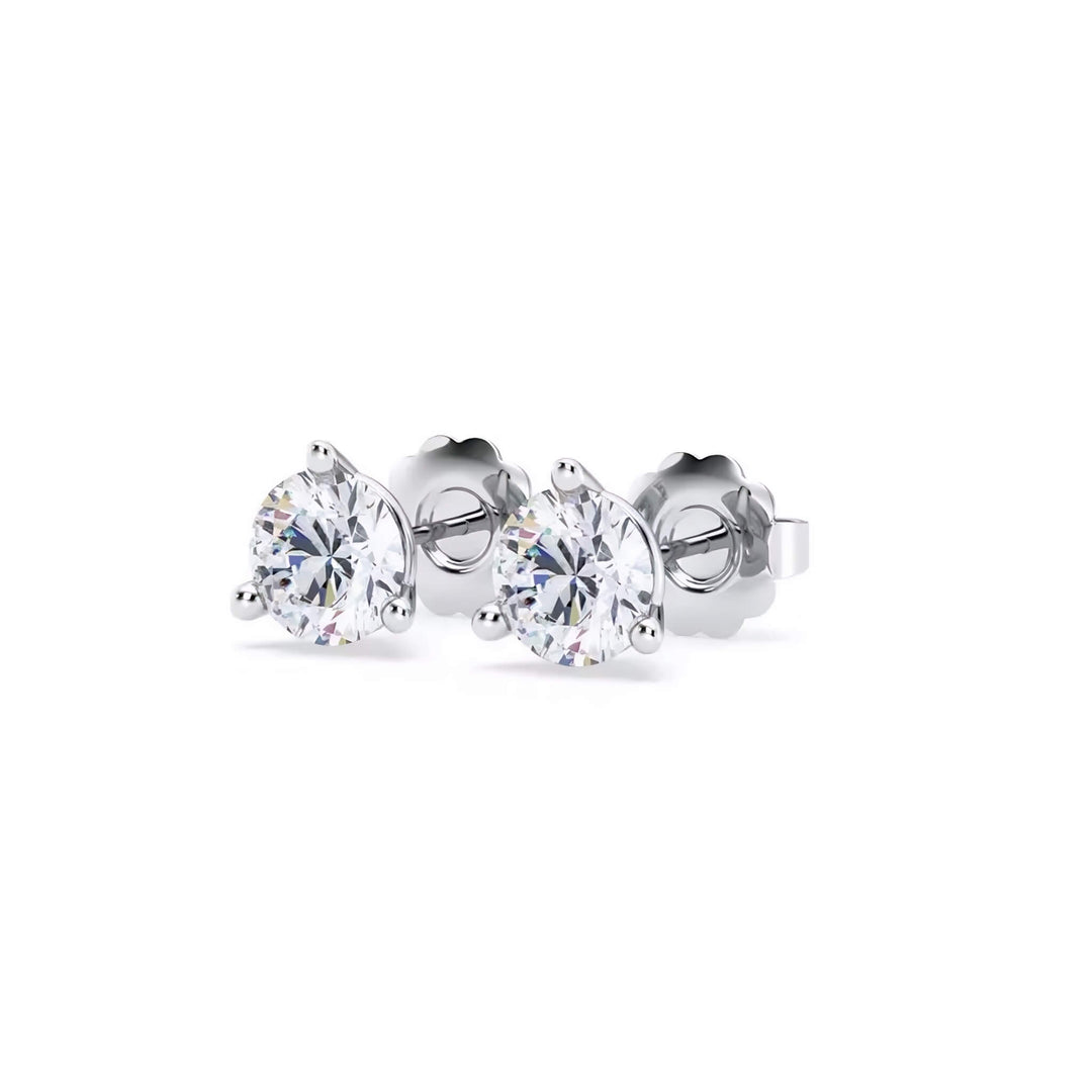 Lab-grown diamond martini (3-prong) stud earrings, 1.50 ctw, 14K white gold, angle view.
