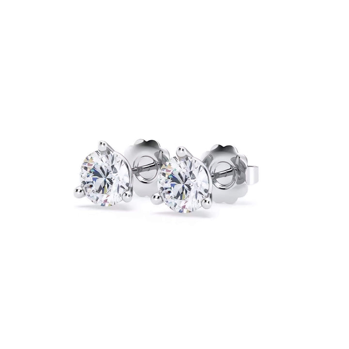 Lab-grown diamond martini (3-prong) stud earrings, 1.50 ctw, 14K white gold, angle view.