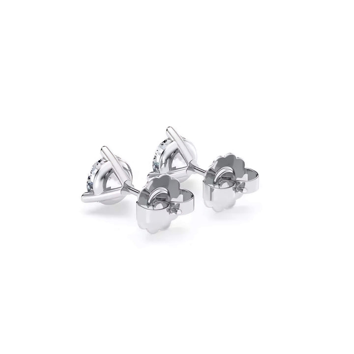 Lab-grown diamond martini (3-prong) stud earrings, 1 ctw, 14K white gold, push backs (friction) with friction posts, back view.