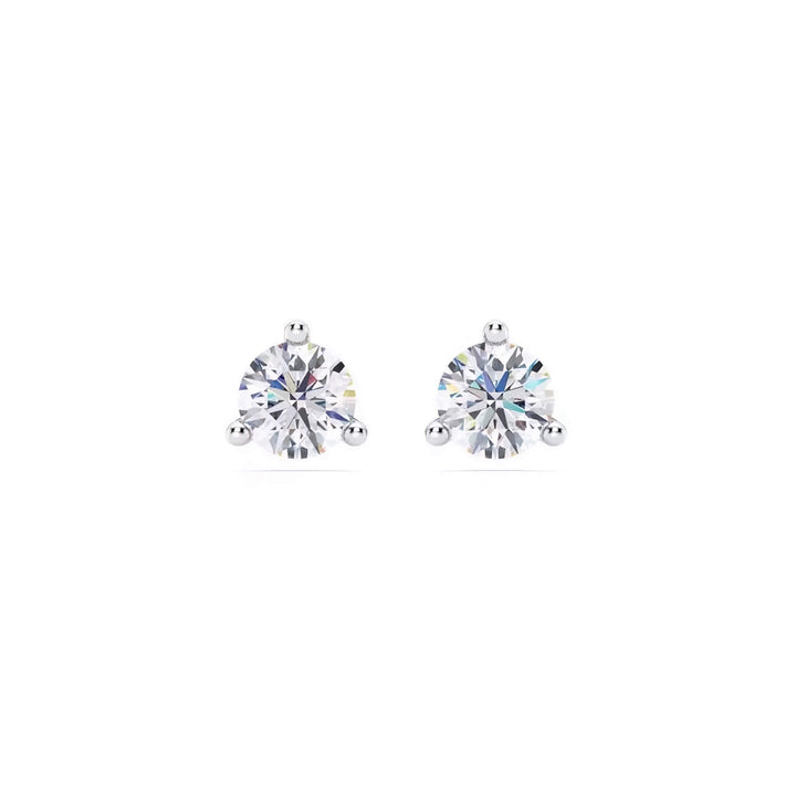 Lab-grown diamond martini (3-prong) stud earrings, 1 ctw, 14K white gold, front view.