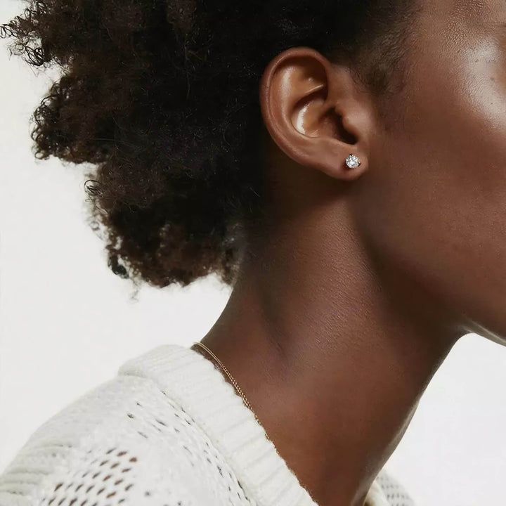 Lab-grown diamond martini (3-prong) stud earrings, 1 ctw, 14K white gold, on ear.