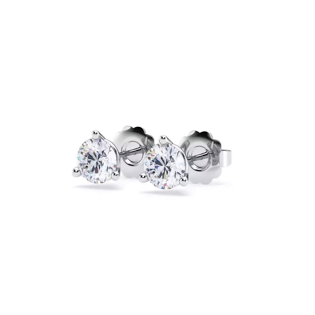Lab-grown diamond martini (3-prong) stud earrings, 1 ctw, 14K white gold, angle view.
