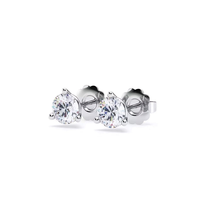 Lab-grown diamond martini (3-prong) stud earrings, 1 ctw, 14K white gold, angle view.
