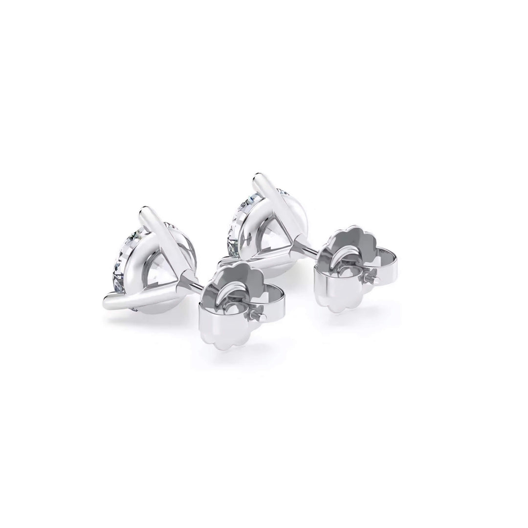Lab-grown diamond martini (3-prong) stud earrings, 2 ctw, 14K white gold, push backs (friction) with friction posts, back view.