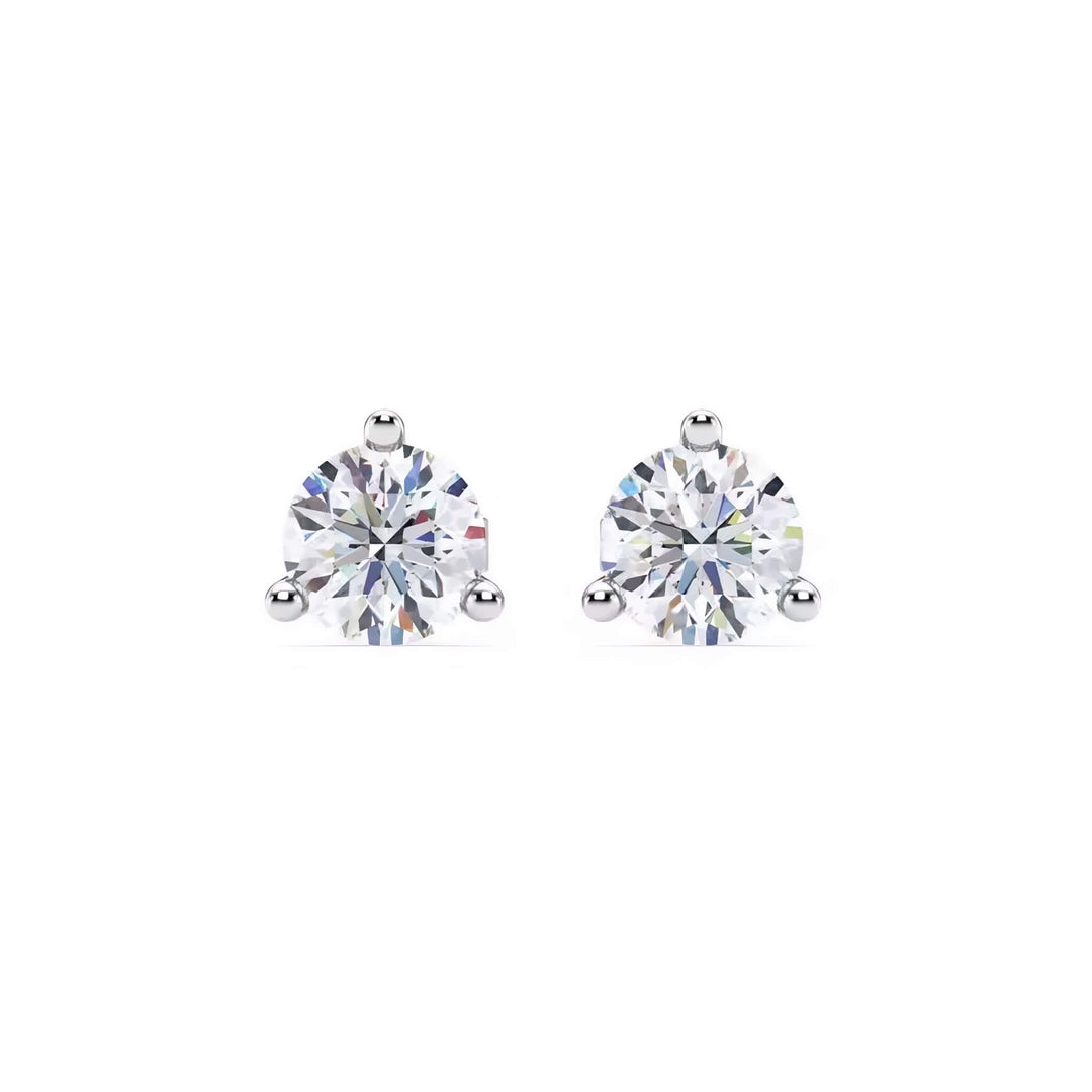 Lab-grown diamond martini (3-prong) stud earrings, 2 ctw, 14K white gold, front view.