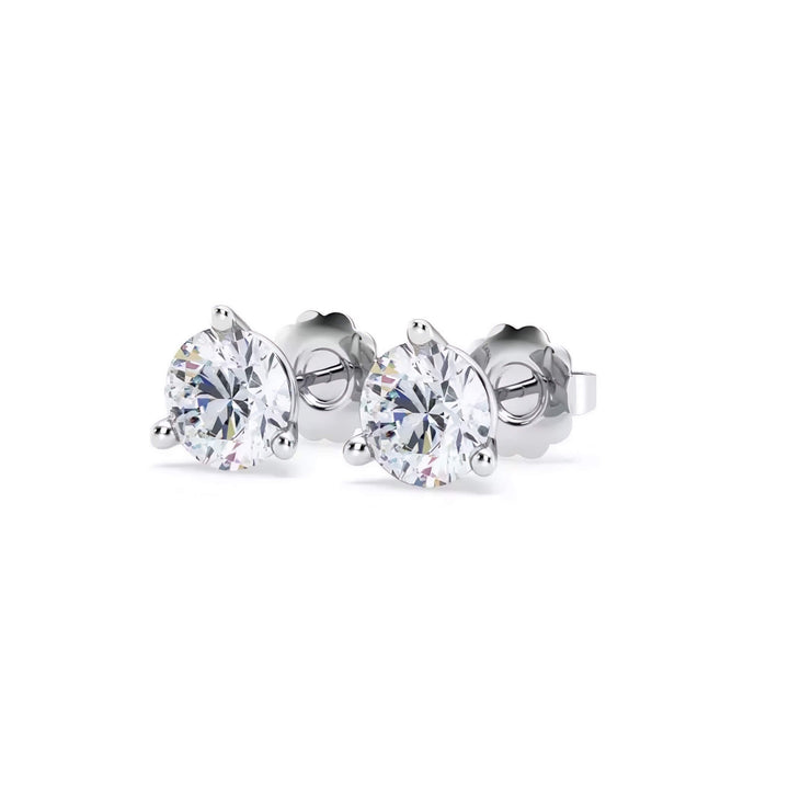 Lab-grown diamond martini (3-prong) stud earrings, 2 ctw, 14K white gold, angle view.