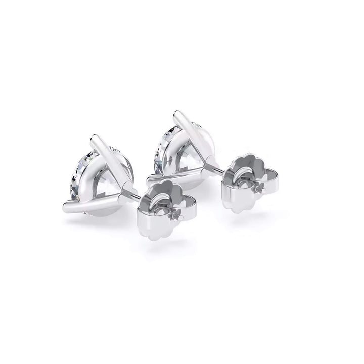 Lab-grown diamond martini (3-prong) stud earrings, 3 ctw, 14K white gold, push backs (friction) with friction posts, back view.