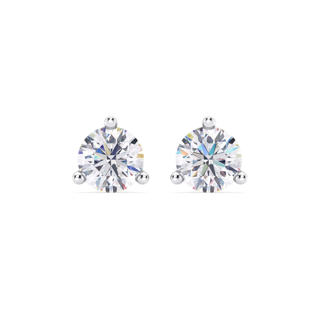 Lab-grown diamond martini (3-prong) stud earrings, 3 ctw, 14K white gold, front view.