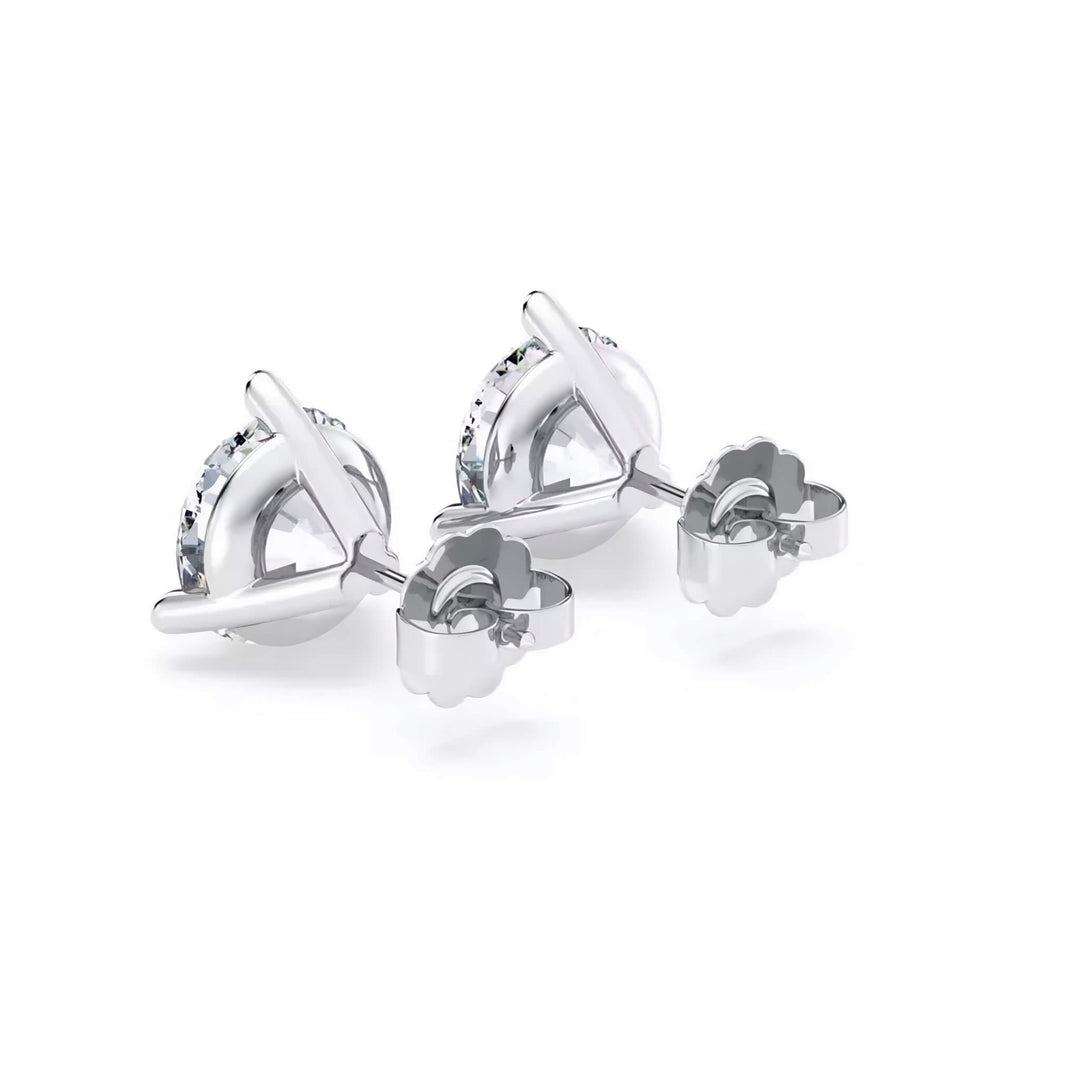 Lab-grown diamond martini (3-prong) stud earrings, 4 ctw, 14K white gold, push backs (friction) with friction posts, back view.