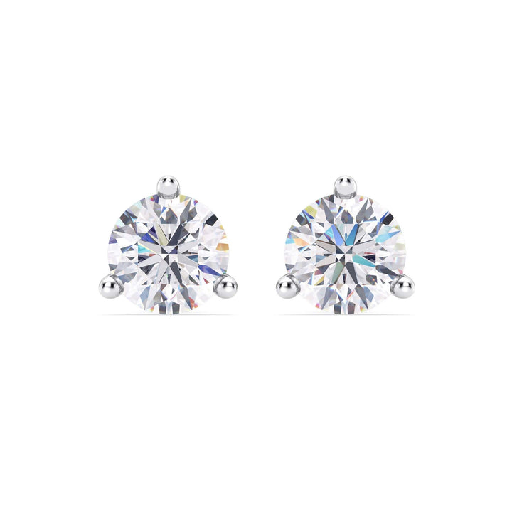 Lab-grown diamond martini (3-prong) stud earrings, 4 ctw, 14K white gold, front view.