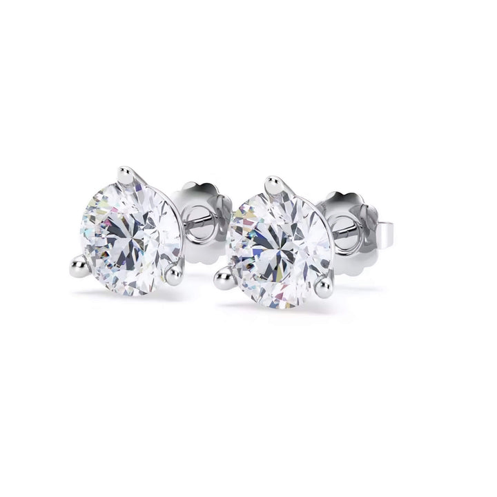 Lab-grown diamond martini (3-prong) stud earrings, 4 ctw, 14K white gold, angle view.