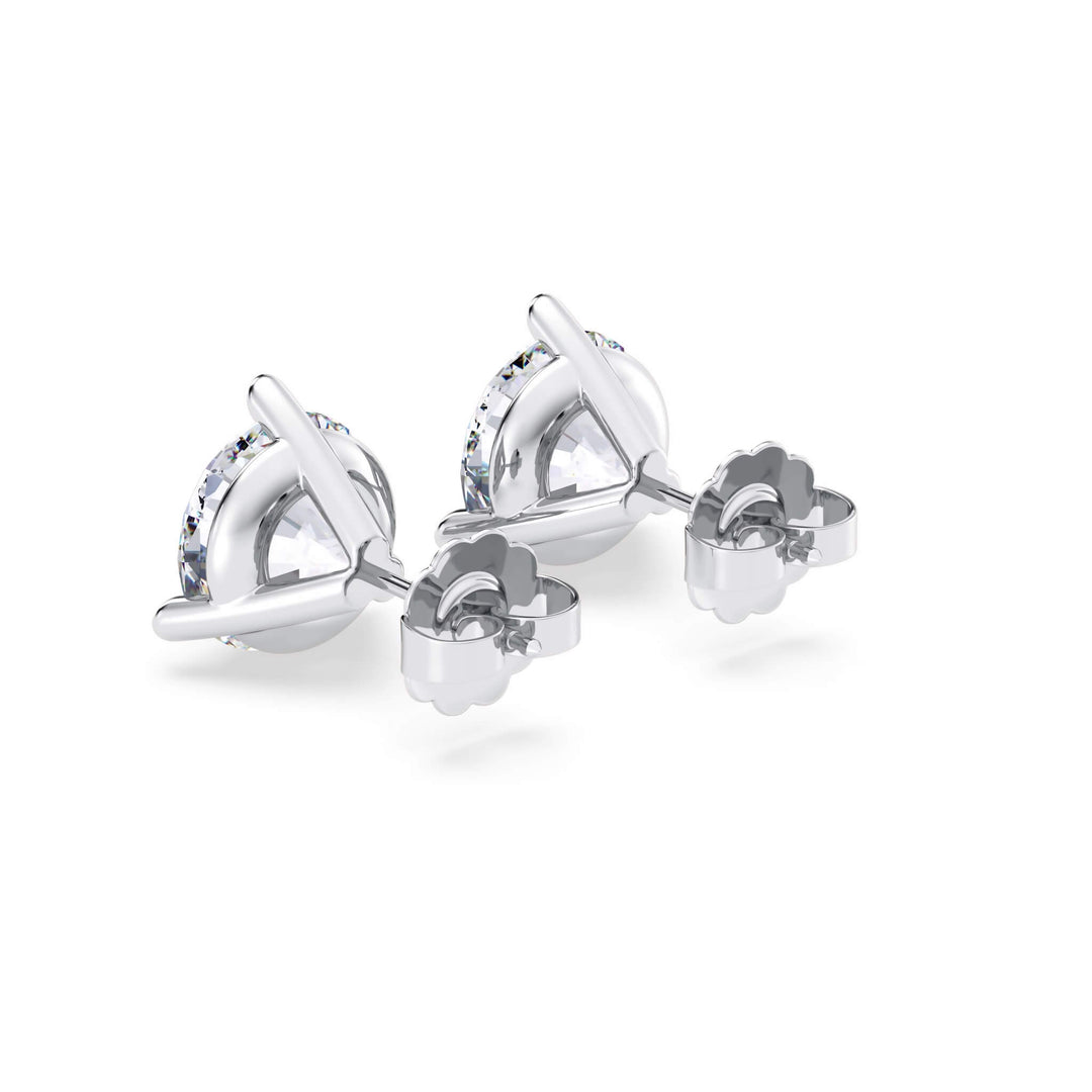 Lab-grown diamond martini (3-prong) stud earrings, 5 ctw, 14K white gold, push backs (friction) with friction posts, back view.