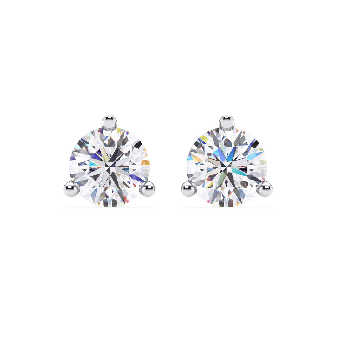 Lab-grown diamond martini (3-prong) stud earrings, 5 ctw, 14K white gold, front view.