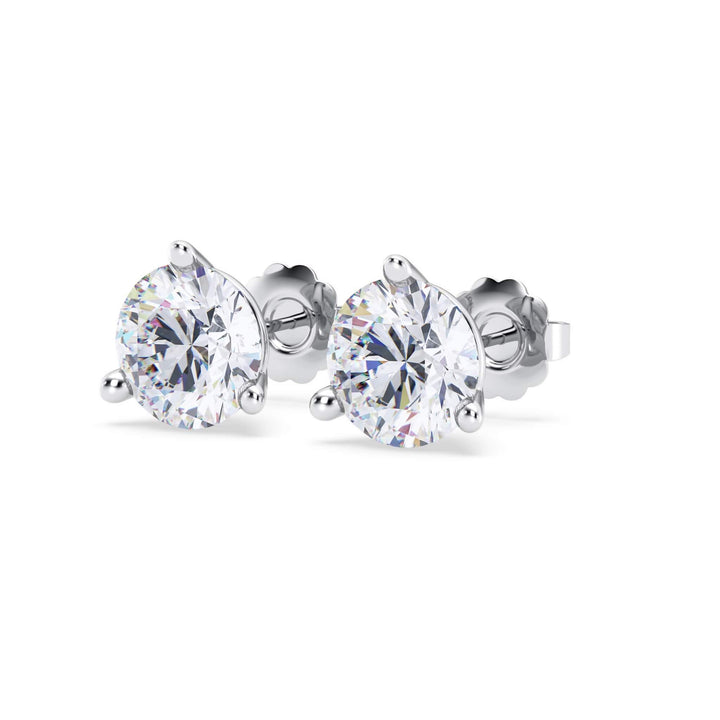 Lab-grown diamond martini (3-prong) stud earrings, 6 ctw, 14K white gold, angle view.