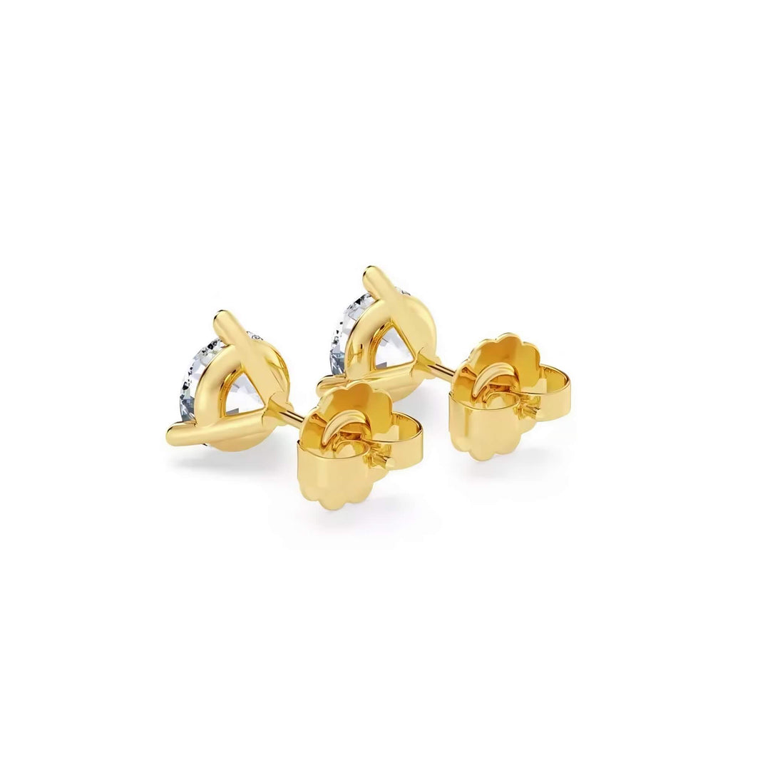 Lab-grown diamond martini (3-prong) stud earrings, 1.50 ctw, 14K yellow gold, push backs (friction) with friction posts, back view.