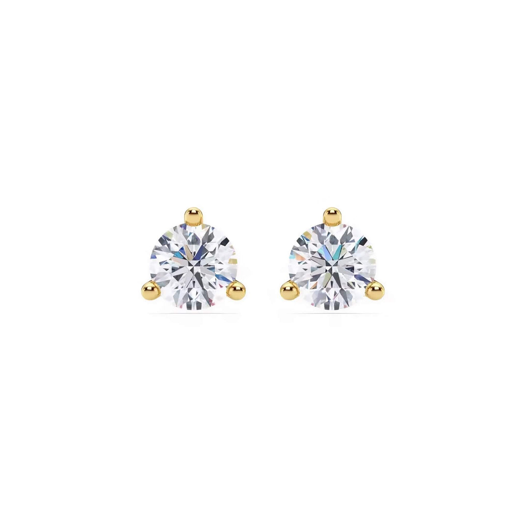 Lab-grown diamond martini (3-prong) stud earrings, 1.50 ctw, 14K yellow gold, front view.