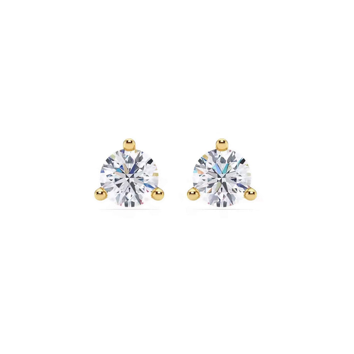 Lab-grown diamond martini (3-prong) stud earrings, 1.50 ctw, 14K yellow gold, front view.