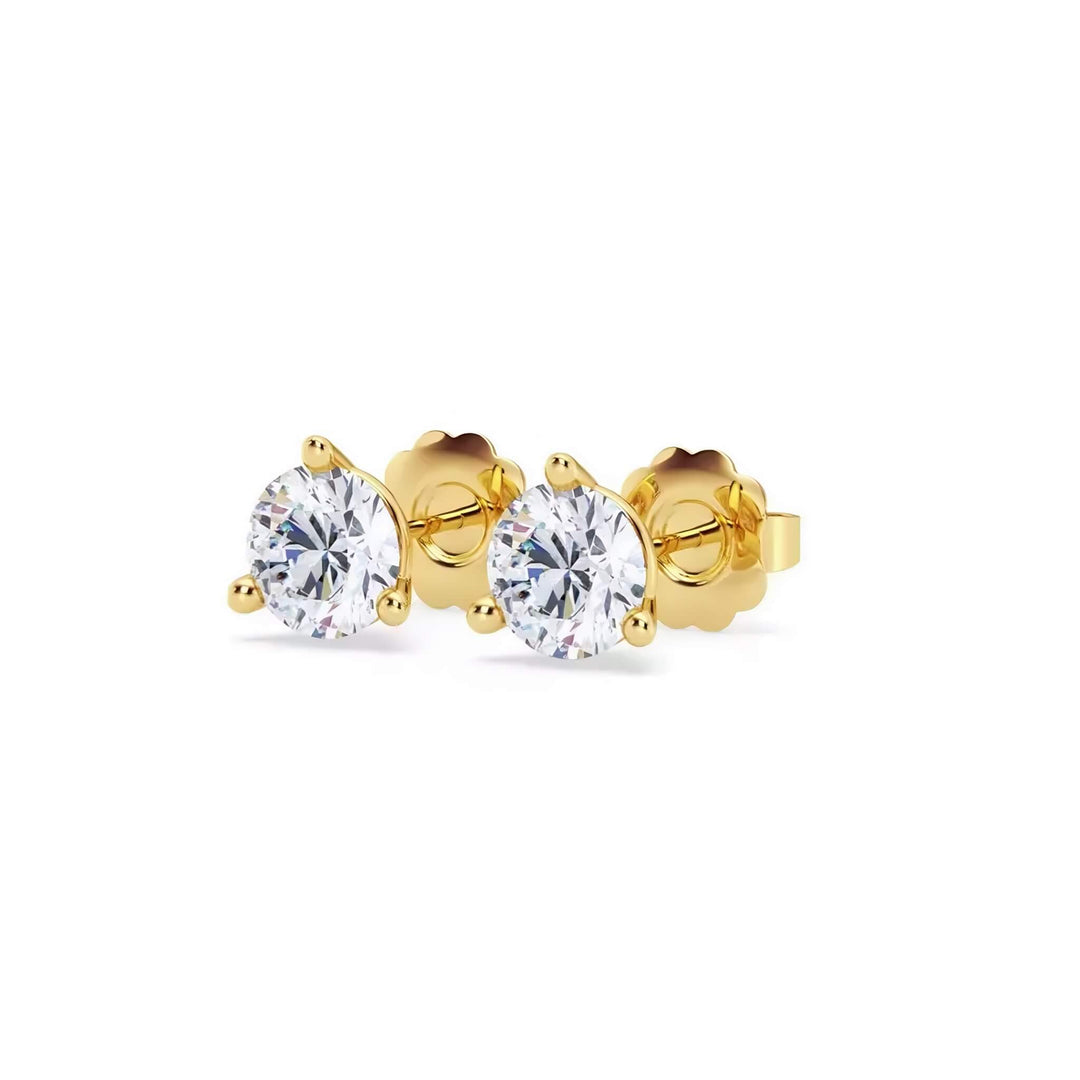 Lab-grown diamond martini (3-prong) stud earrings, 1.50 ctw, 14K yellow gold, angle view.