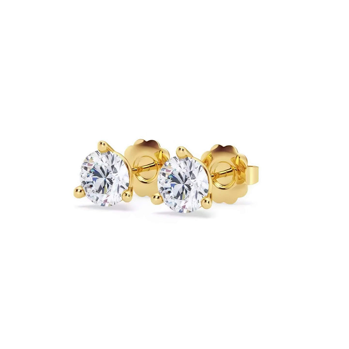 Lab-grown diamond martini (3-prong) stud earrings, 1.50 ctw, 14K yellow gold, angle view.