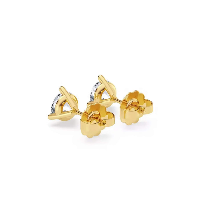 Lab-grown diamond martini (3-prong) stud earrings, 1 ctw, 14K yellow gold, push backs (friction) with friction posts, back view.