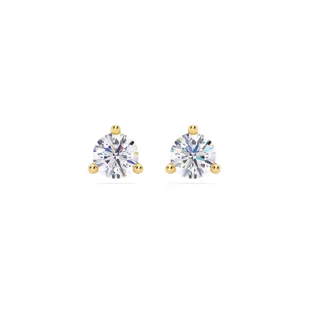 Lab-grown diamond martini (3-prong) stud earrings, 1 ctw, 14K yellow gold, front view.