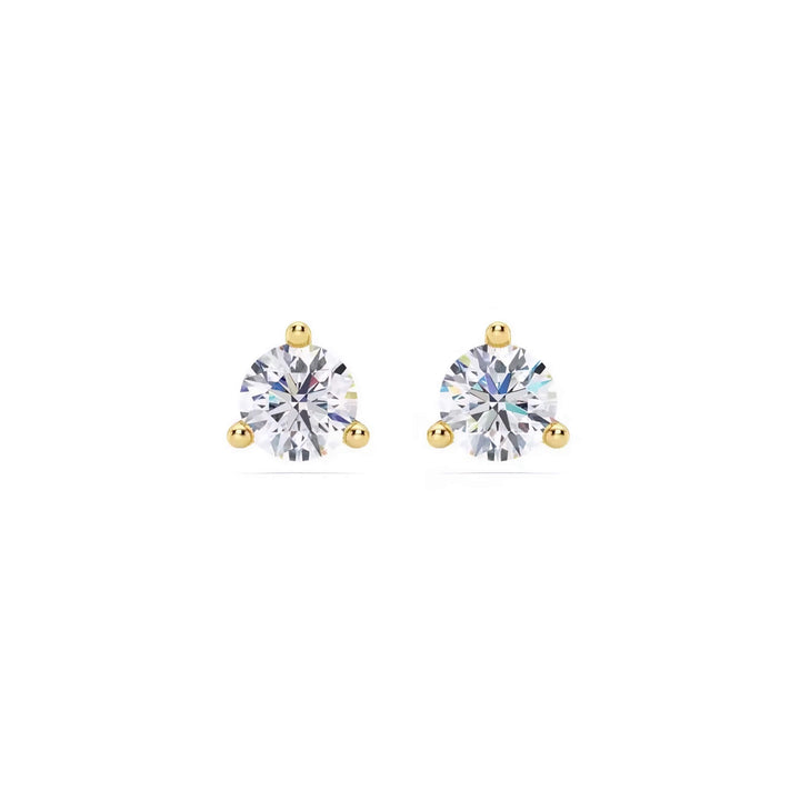 Lab-grown diamond martini (3-prong) stud earrings, 1 ctw, 14K yellow gold, front view.