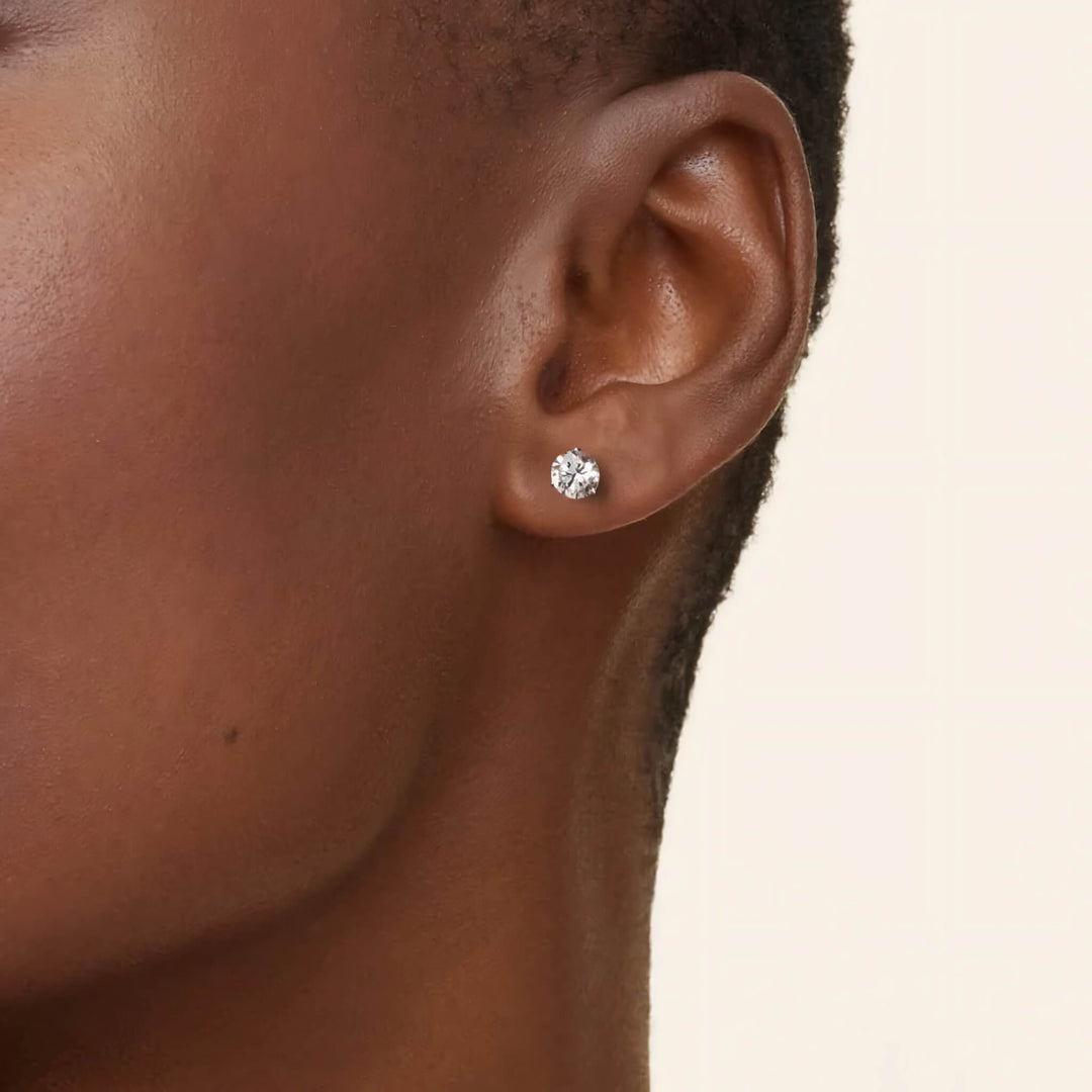 Lab-grown diamond martini (3-prong) stud earrings, 1 ctw, 14K yellow gold, on ear.