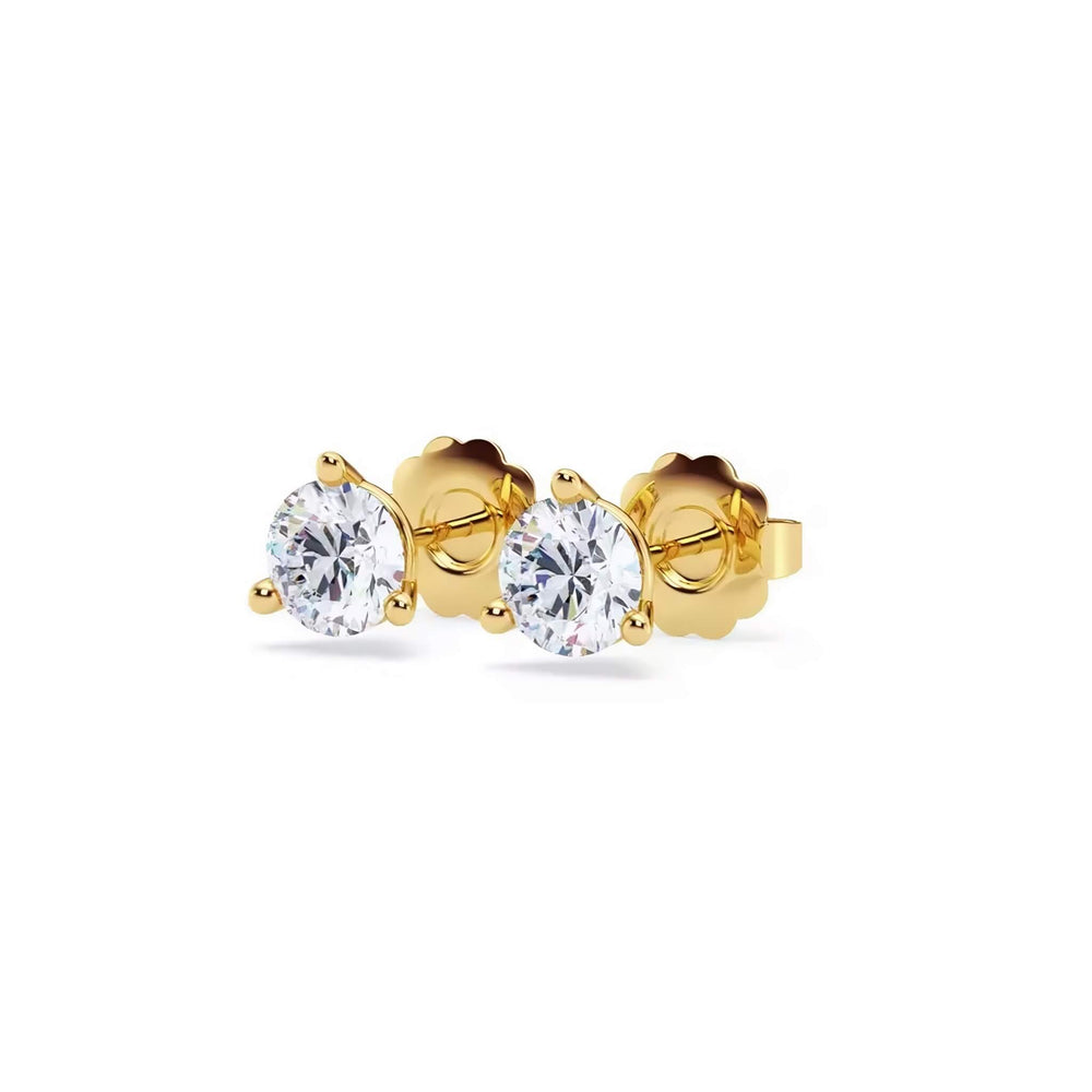 Lab-grown diamond martini (3-prong) stud earrings, 1 ctw, 14K yellow gold, angle view.