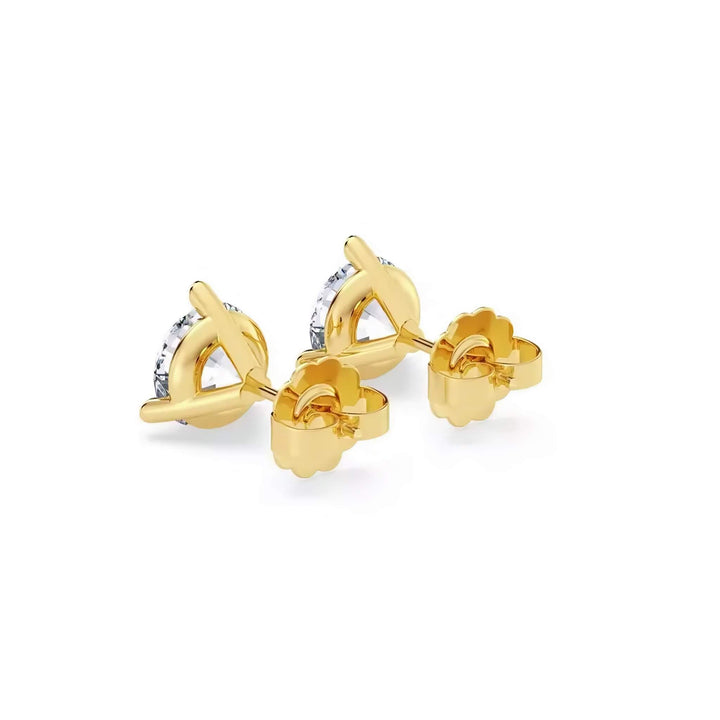 Lab-grown diamond martini (3-prong) stud earrings, 2 ctw, 14K yellow gold, push backs (friction) with friction posts, back view.