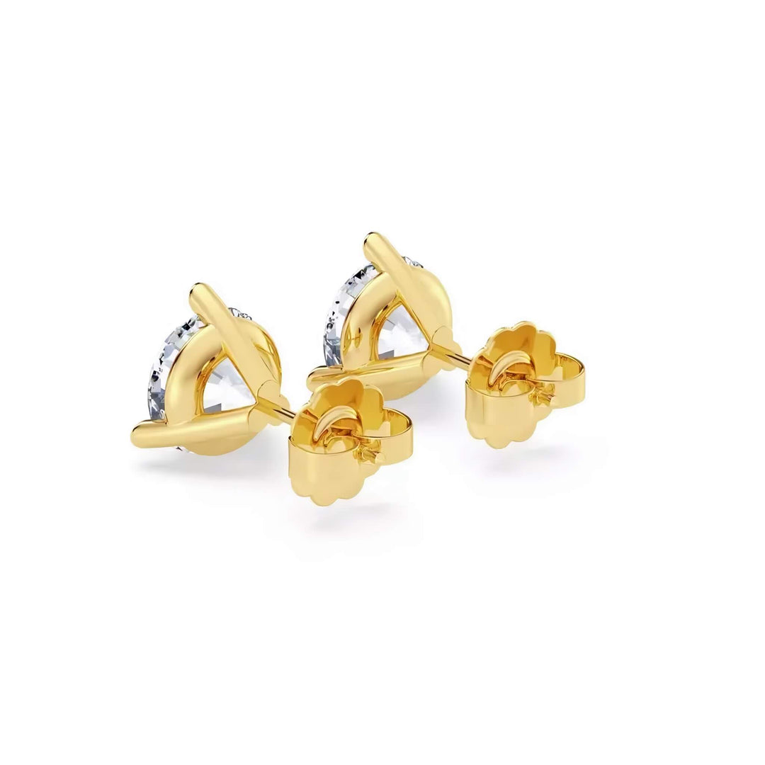 Lab-grown diamond martini (3-prong) stud earrings, 3 ctw, 14K yellow gold, push backs (friction) with friction posts, back view.