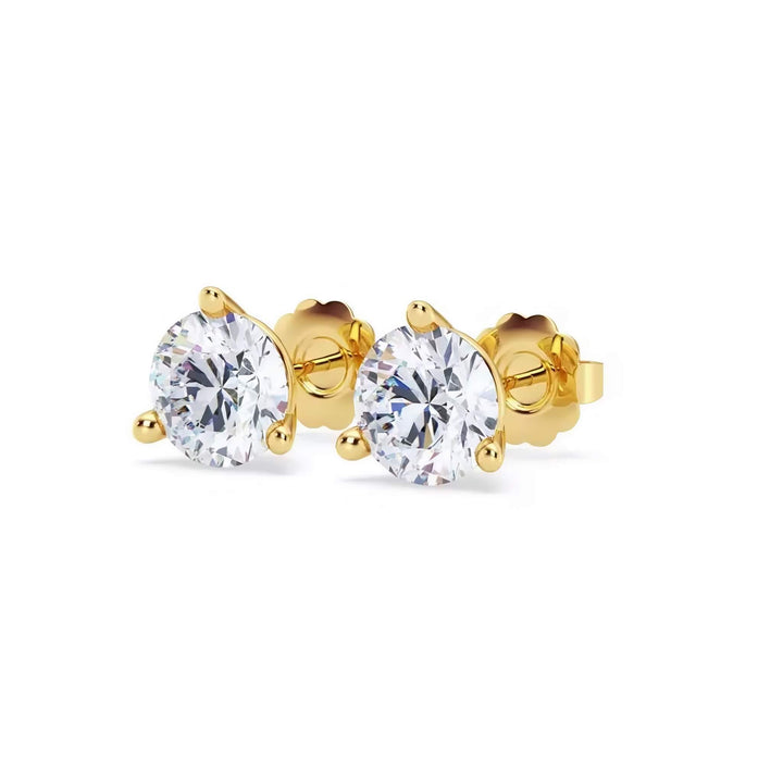 Lab-grown diamond martini (3-prong) stud earrings, 3 ctw, 14K yellow gold, angle view.