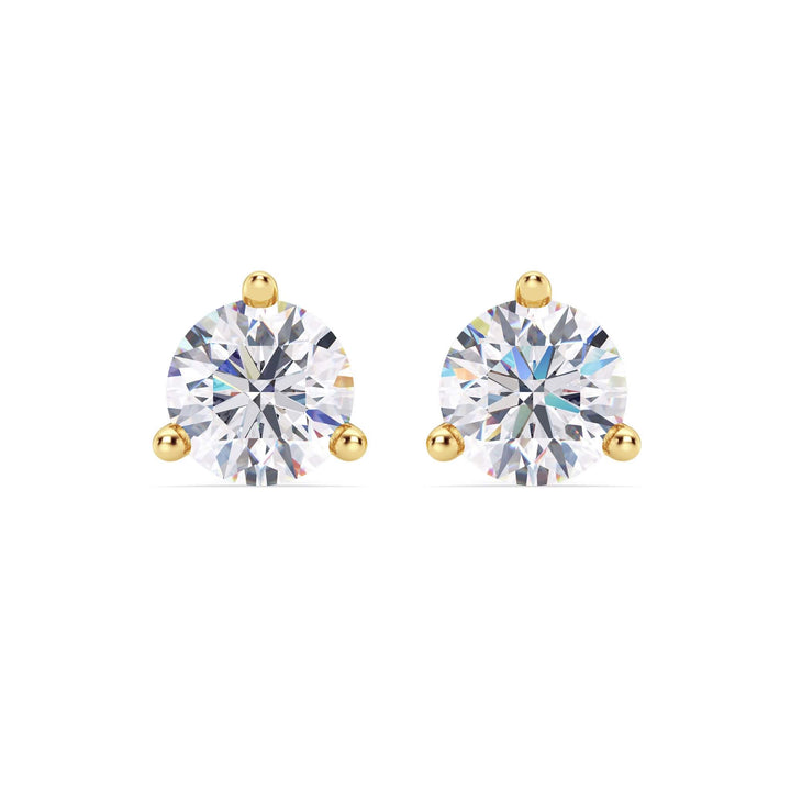 Lab-grown diamond martini (3-prong) stud earrings, 4 ctw, 14K yellow gold, front view.