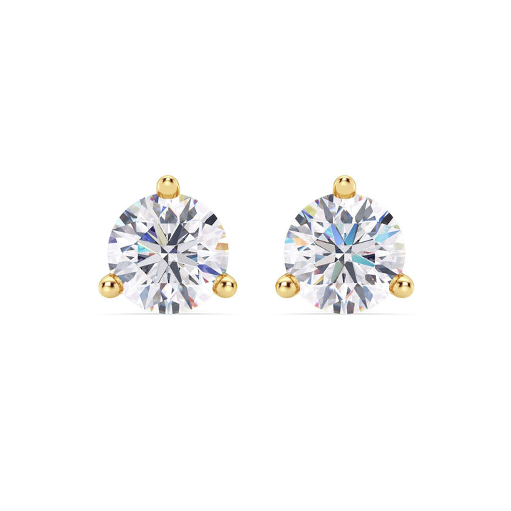 Lab-grown diamond martini (3-prong) stud earrings, 5 ctw, 14K yellow gold, front view.