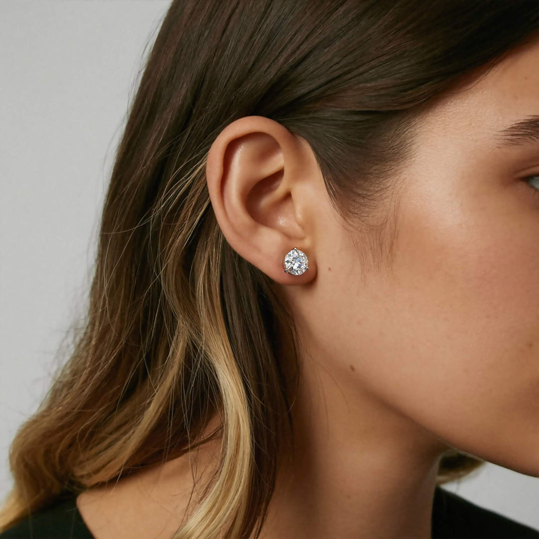 Lab-grown diamond martini (3-prong) stud earrings, 5 ctw, 14K yellow gold, push backs (friction) with friction posts, back view.