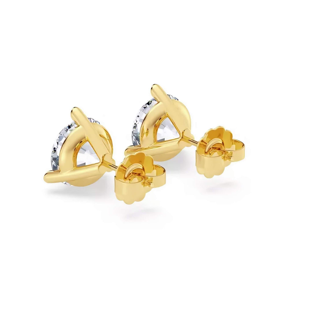 Lab-grown diamond martini (3-prong) stud earrings, 6 ctw, 14K yellow gold, push backs (friction) with friction posts, back view.