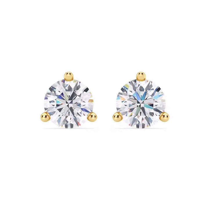 Lab-grown diamond martini (3-prong) stud earrings, 6 ctw, 14K yellow gold, front view.