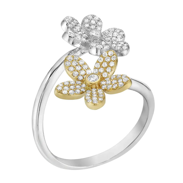 Diamond and Flower Bypass Ring in 14K Gold, two-tone