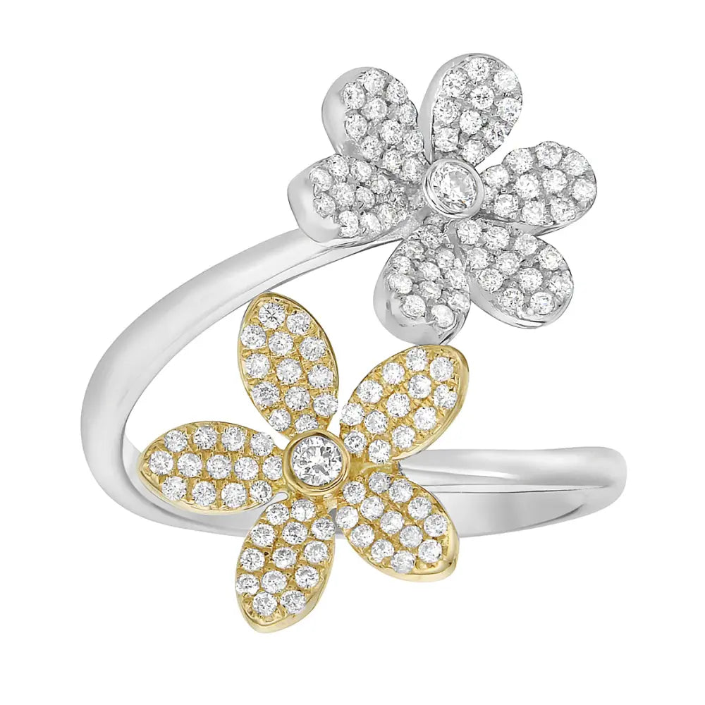 Diamond and Flower Bypass Ring in 14K Gold, two-tone