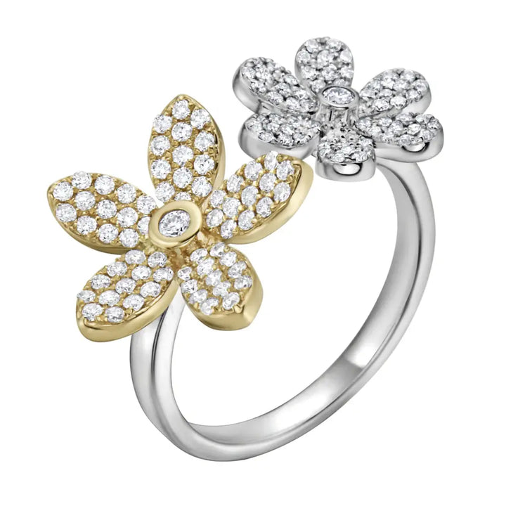 Diamond and Flower Open Ring in 14K Gold, two-tone