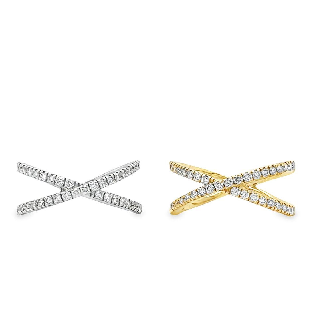 2 X-shaped rings with diamonds in 14karat white and yellow gold