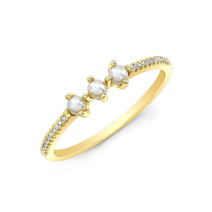 14K Three Pearl Diamond Ring