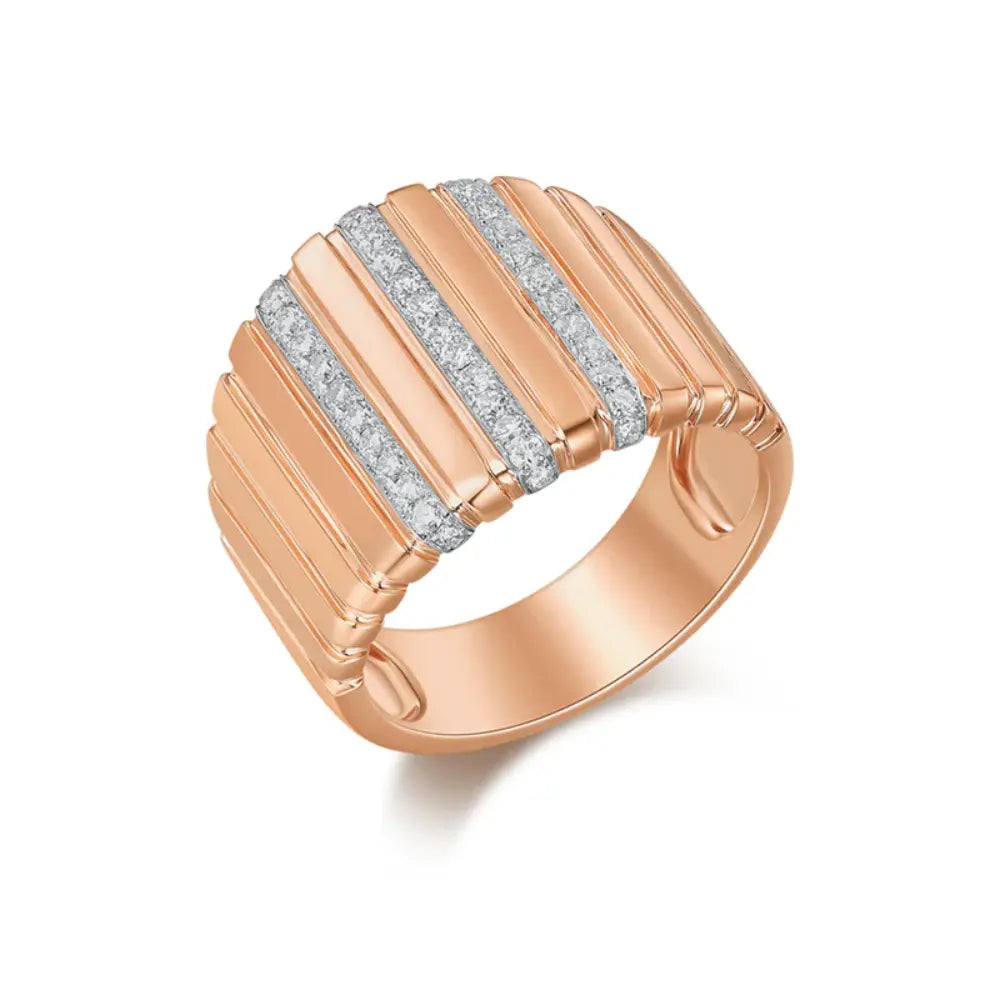 14K 3 Row Diamond Reeded Ring