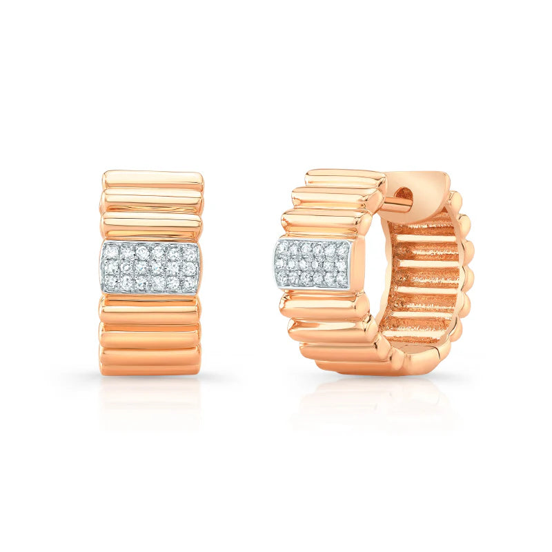 14K Diamond Fluted Huggie Earrings